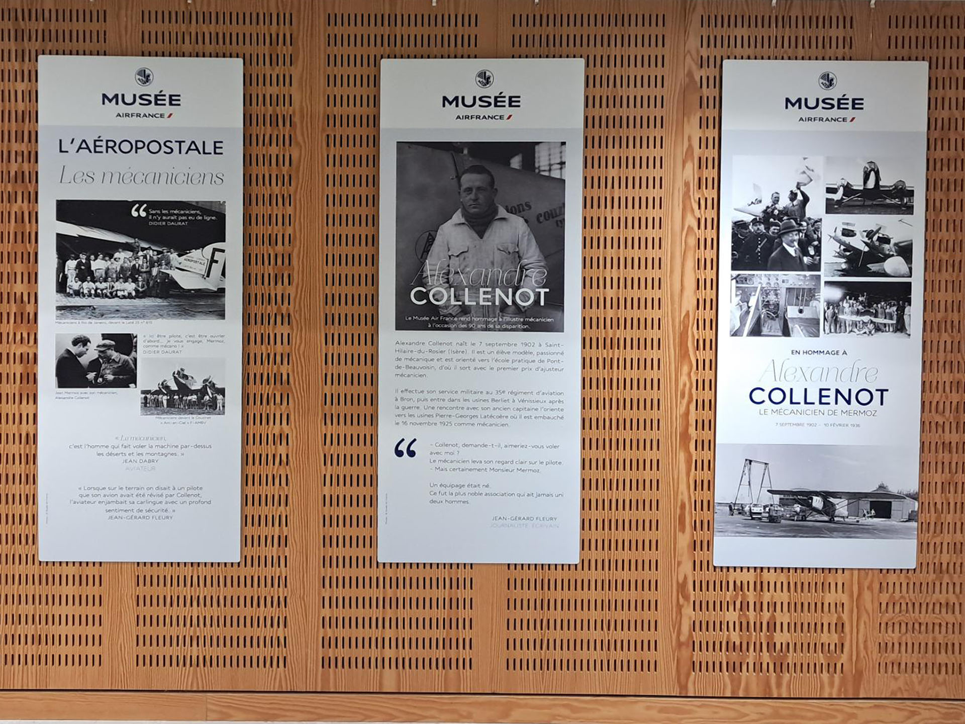 Trois panneaux de l'exposition éphémère dédiée à Alexandre Collenot à L'Envol des Pionniers en 2026